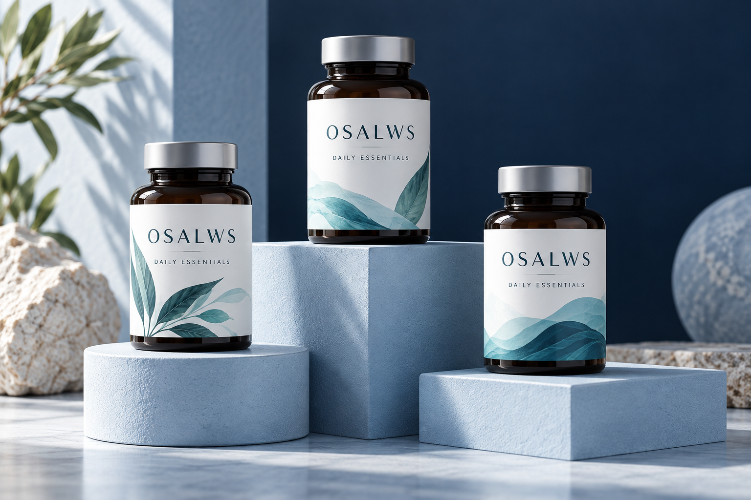 OSALWS botanical packaging concept collection on blue display blocks